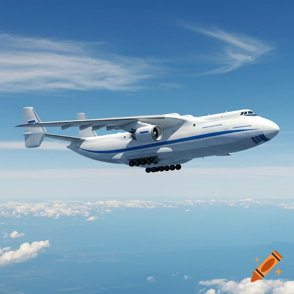 A photorealistic white Antonov An-225 Mriya cargo plane with blue stripes flies through a clear blue sky with scattered clouds.