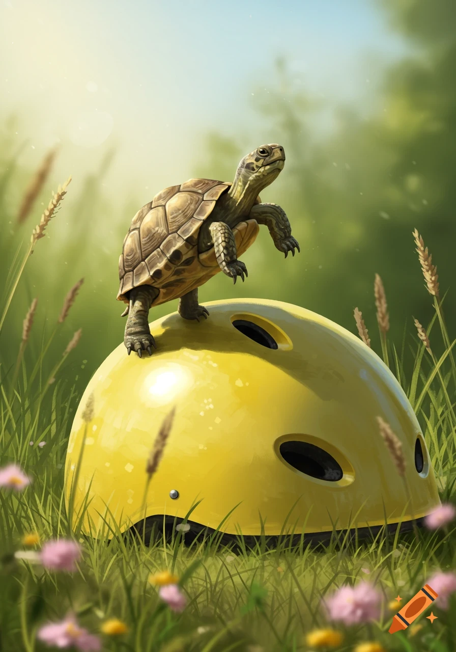 A small photorealistic turtle stands on a bright yellow bicycle helmet in a sunny grassy field with flowers.