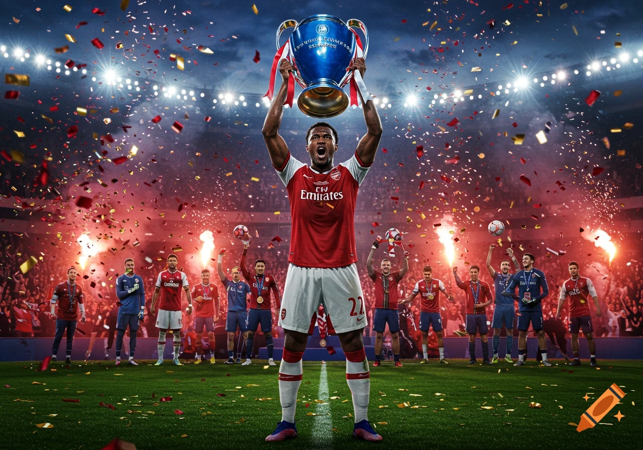A soccer player in a red jersey lifts the Champions League trophy in a confetti-filled stadium with celebrating teammates.