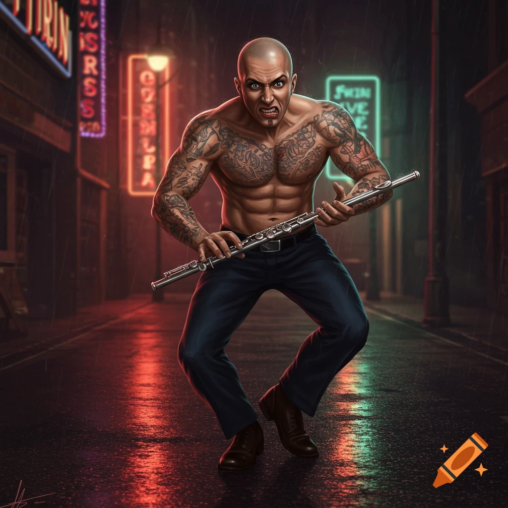 An intimidating bald man with full arm tattoos plays a flute with a silly expression on a rainy city street at night, lit by neon signs.