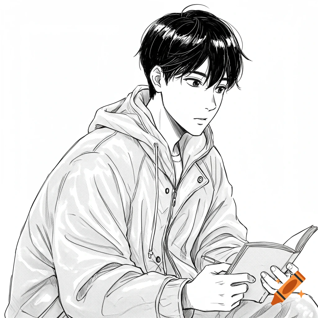 Black and white sketch of a thoughtful teenage boy in a raincoat, writing in a notebook.