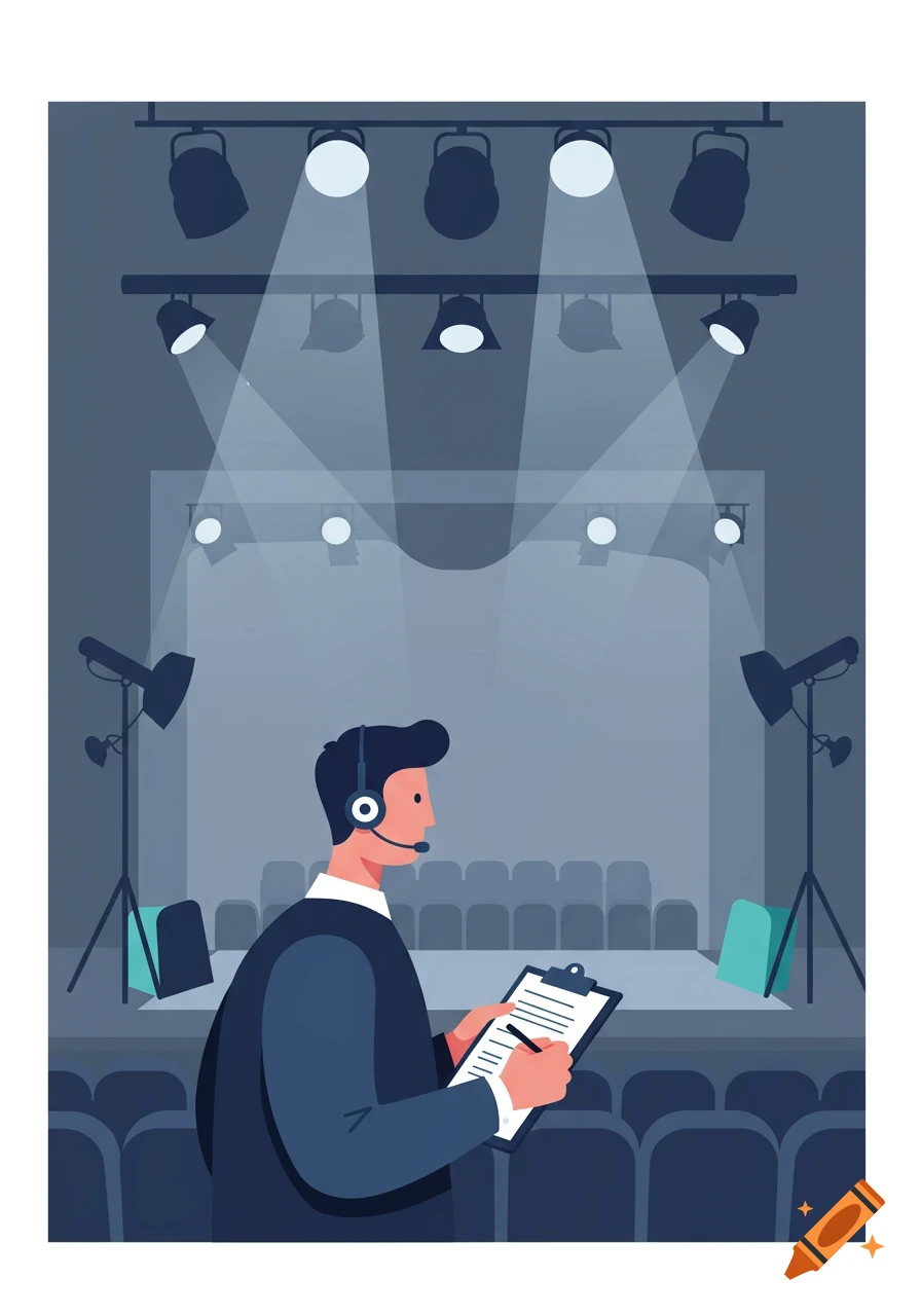 A flat illustration of a stage manager with a headset and clipboard in a theater with spotlights illuminating an empty stage.