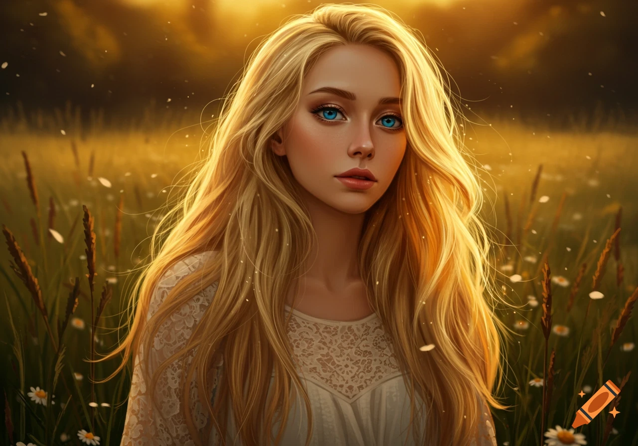 Photorealistic portrait of a young woman with long blonde hair and blue eyes, standing in a golden field at sunset.