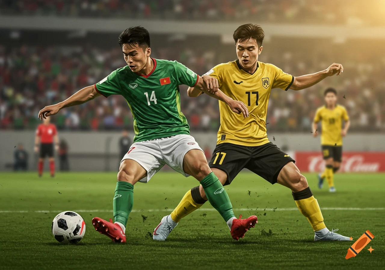 Two Asian soccer players, one in a green jersey with '14' and another in a yellow jersey with '17', challenge for the ball on a grass field during a match.