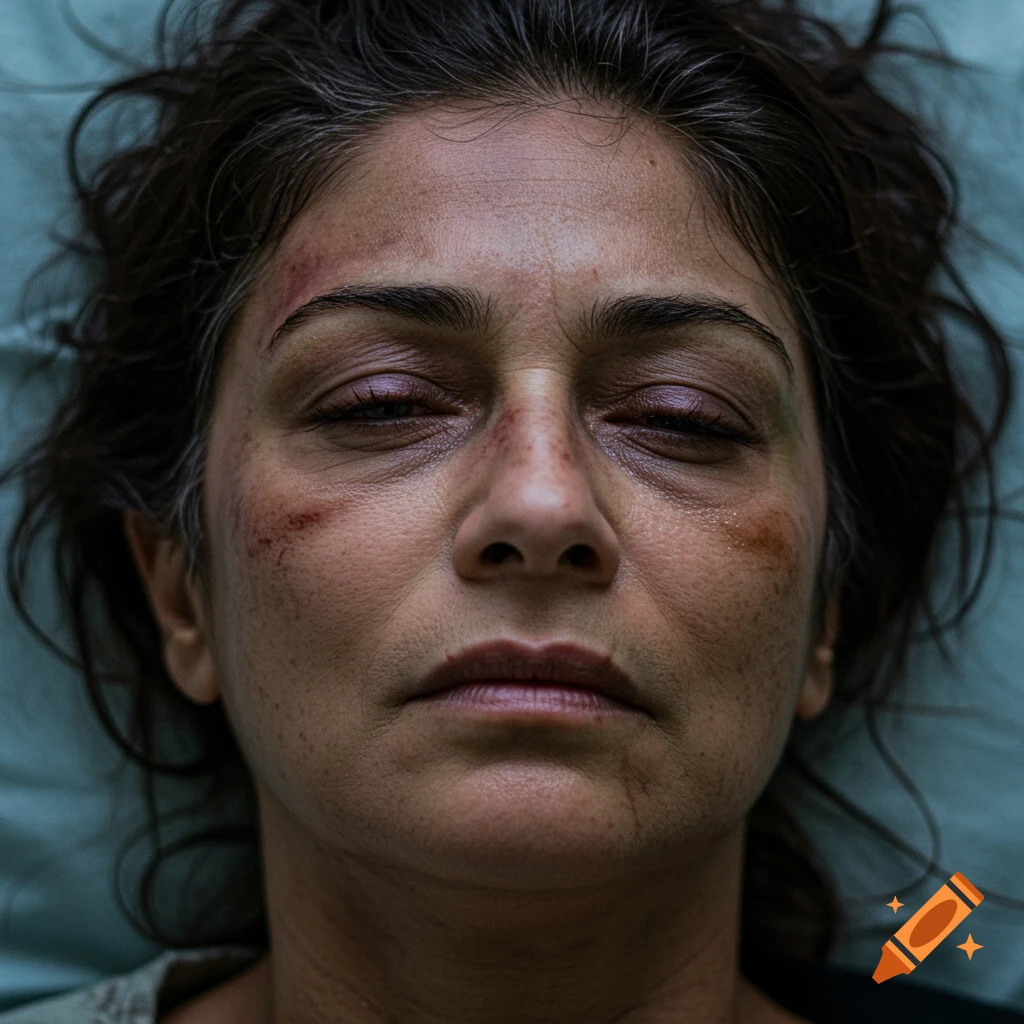 Close-up cinematic shot of a woman with closed eyes and facial injuries, lying on a hospital stretcher, in a gritty, realistic style.
