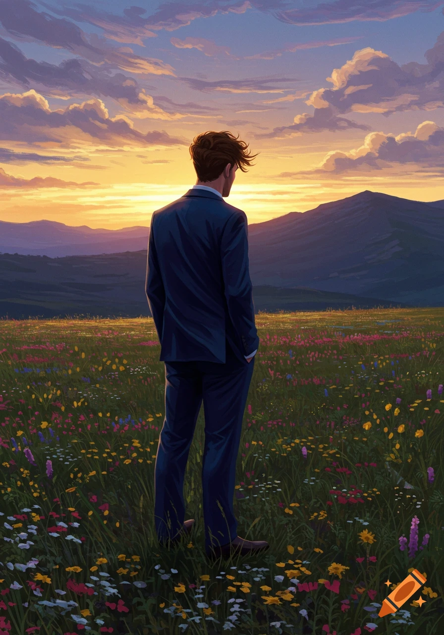 Digital art of a man in a suit standing in a field of wildflowers, looking at a vibrant sunset over mountains.