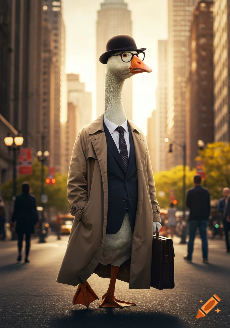A goose in a suit, trench coat, bowler hat, and glasses holds a briefcase on a city street.