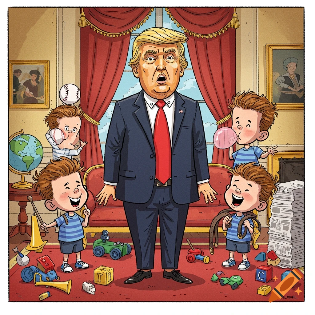 Cartoon illustration of a surprised Donald Trump looking overwhelmed by four mischievous young boys playing with toys in an opulent room.