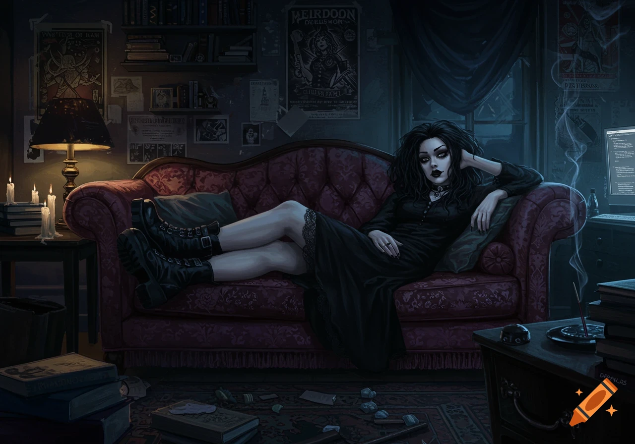 A goth woman with dark hair and makeup lounges on a red Victorian-style sofa in a dimly lit, cluttered room, surrounded by books and posters, in a digital art style.