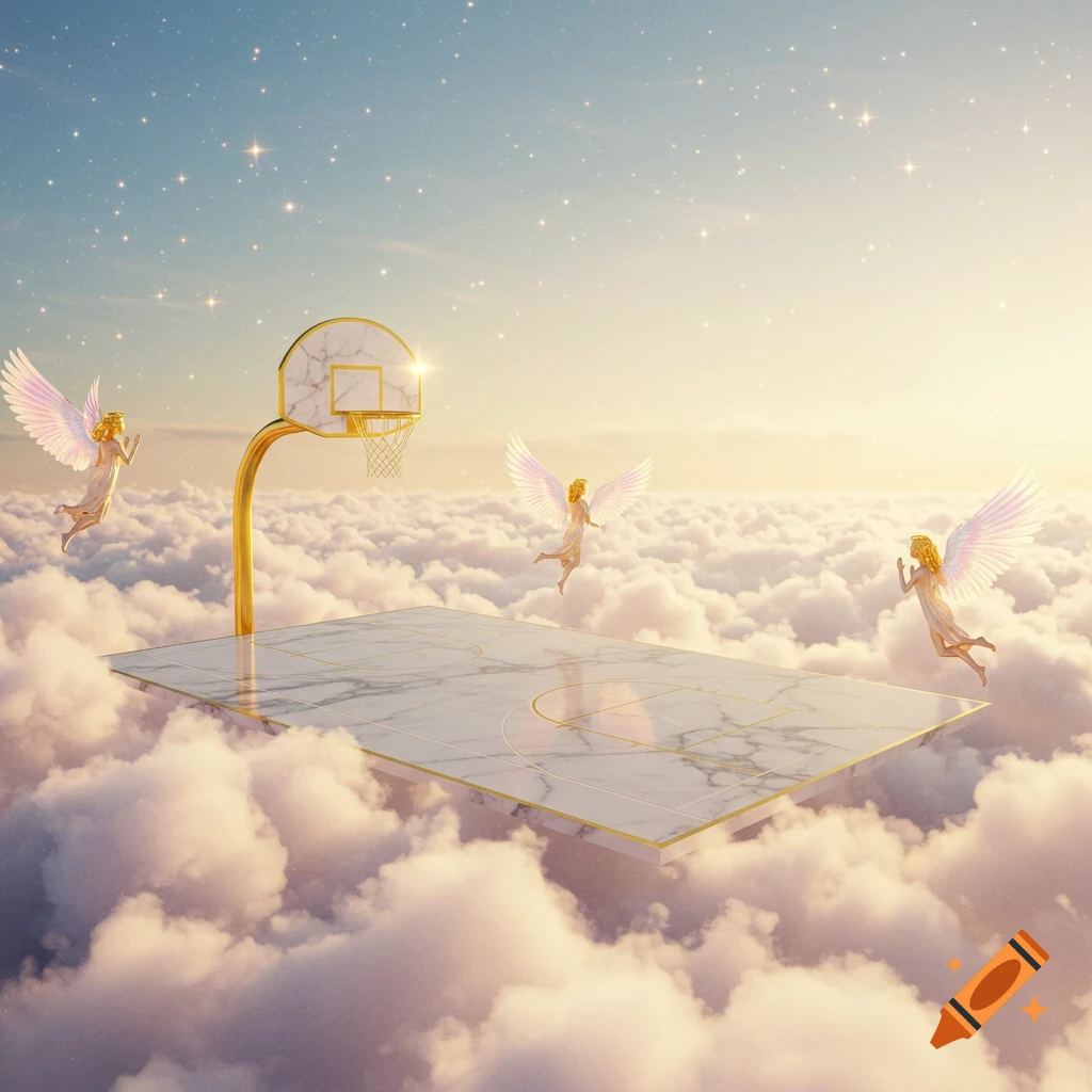 A marble basketball court floats above clouds in a starry sky, with three golden angels flying around it.