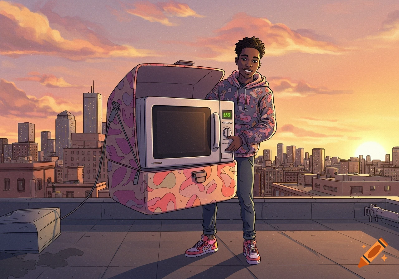 A cartoon of a black man holding a microwave in a large lunchbox on a city rooftop at sunset.