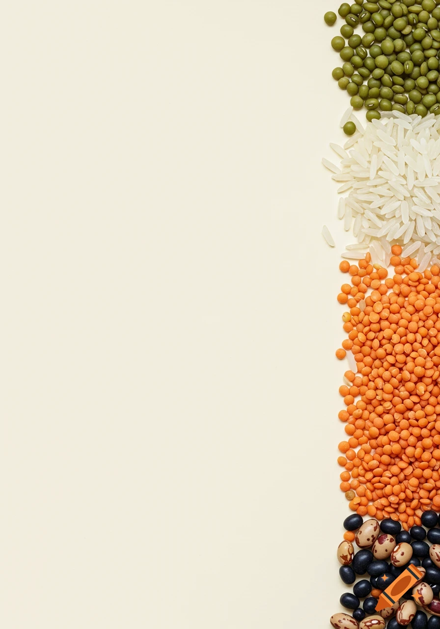 Overhead view of a vertical stripe of green mung beans, white rice, orange lentils, and black and pinto beans on a light background.