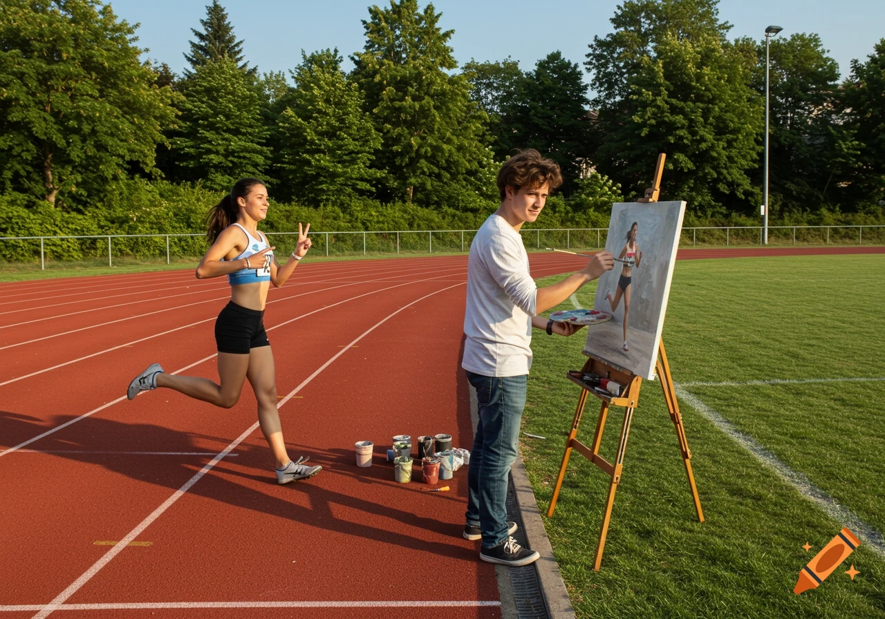 A young female sprinter running on a track and making a peace sign, while a young male artist paints her portrait on an easel next to the track.
