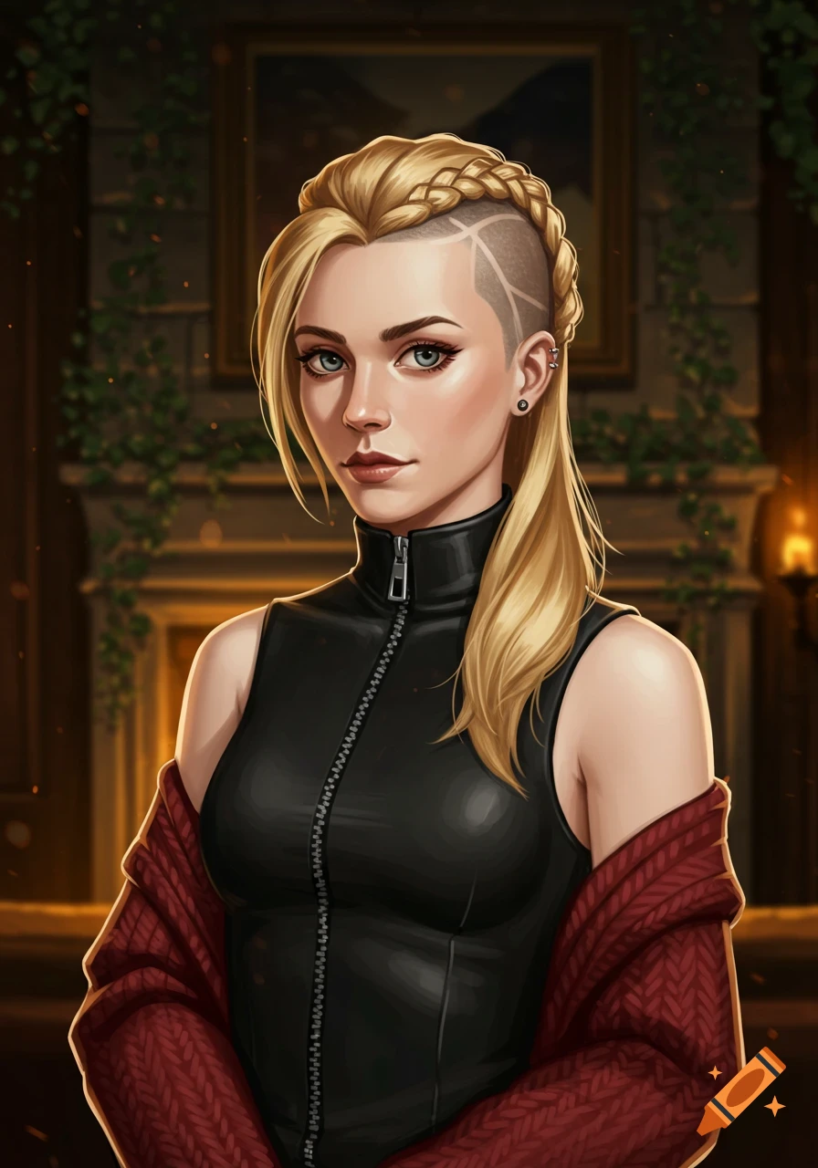 Digital art portrait of a blonde woman with a braided and shaved side haircut, wearing a black zipped top and red sweater, in a warm, dimly lit room.