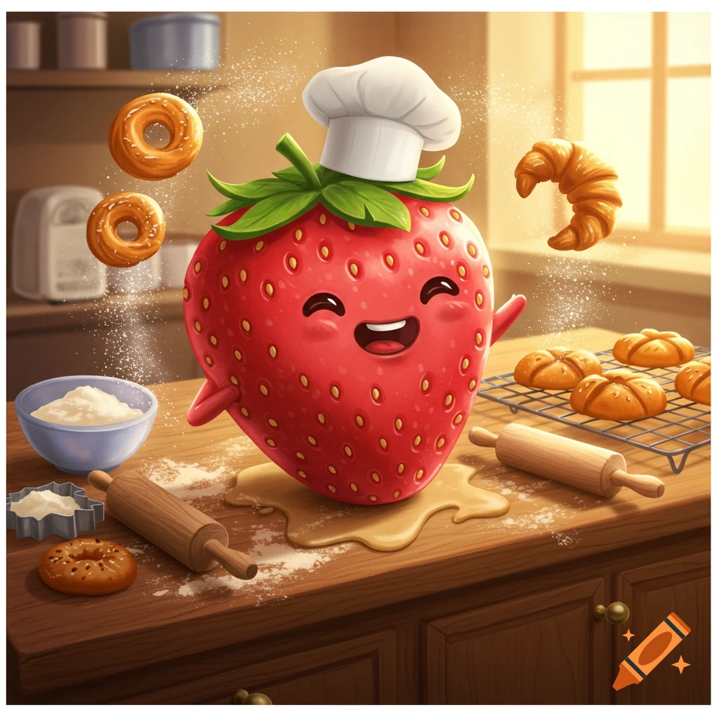 A happy, cartoon strawberry with a chef's hat bakes on a wooden counter, surrounded by flour, rolling pins, pastries, and a croissant.