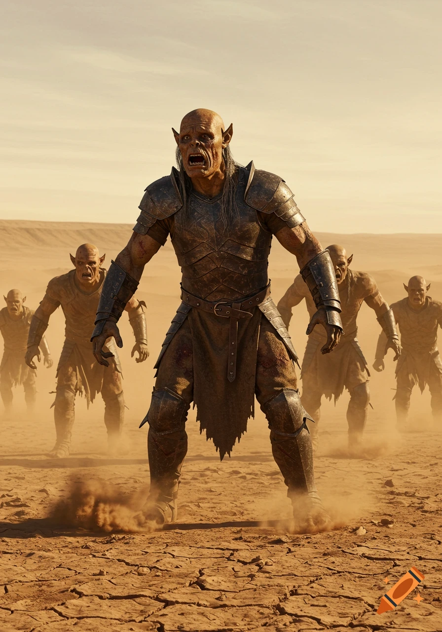 A group of armored orcs with fierce expressions stand in a dusty, cracked desert landscape, in a photorealistic style.