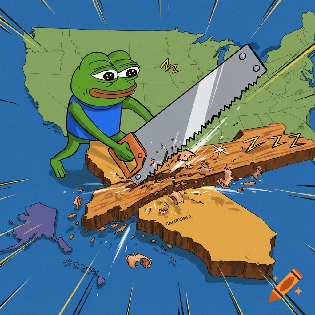 Cartoon Pepe the Frog saws the state of California from a map of the USA.