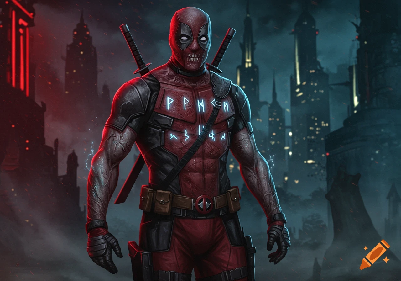 A grotesque, zombie-like Deadpool with veiny arms and glowing runes on his chest, holding katanas, in a dark, cyberpunk city.