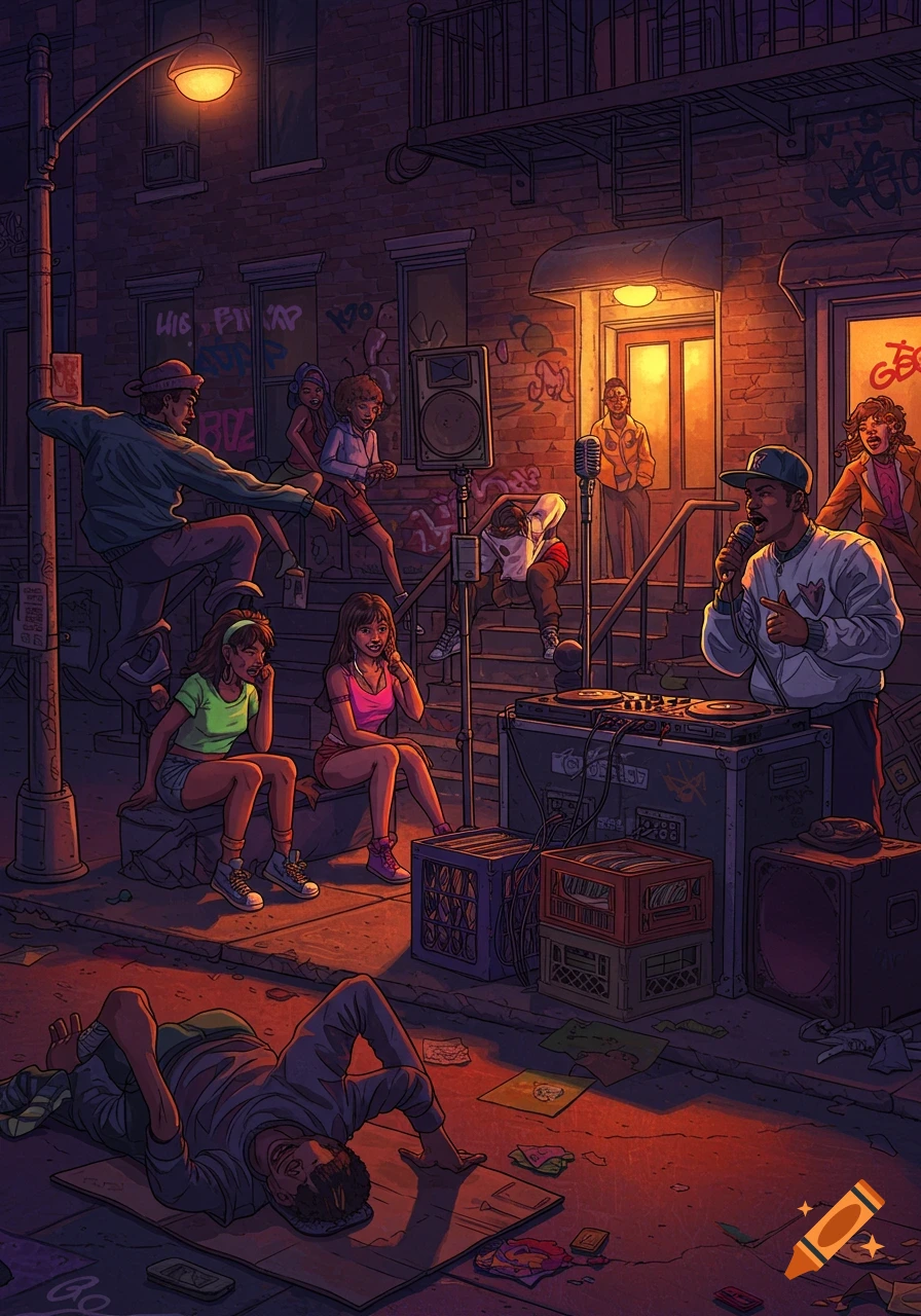 1980s hip hop street performance at night: MC rapping, DJ, breakdancer, and spectators in a vibrant cartoon style.