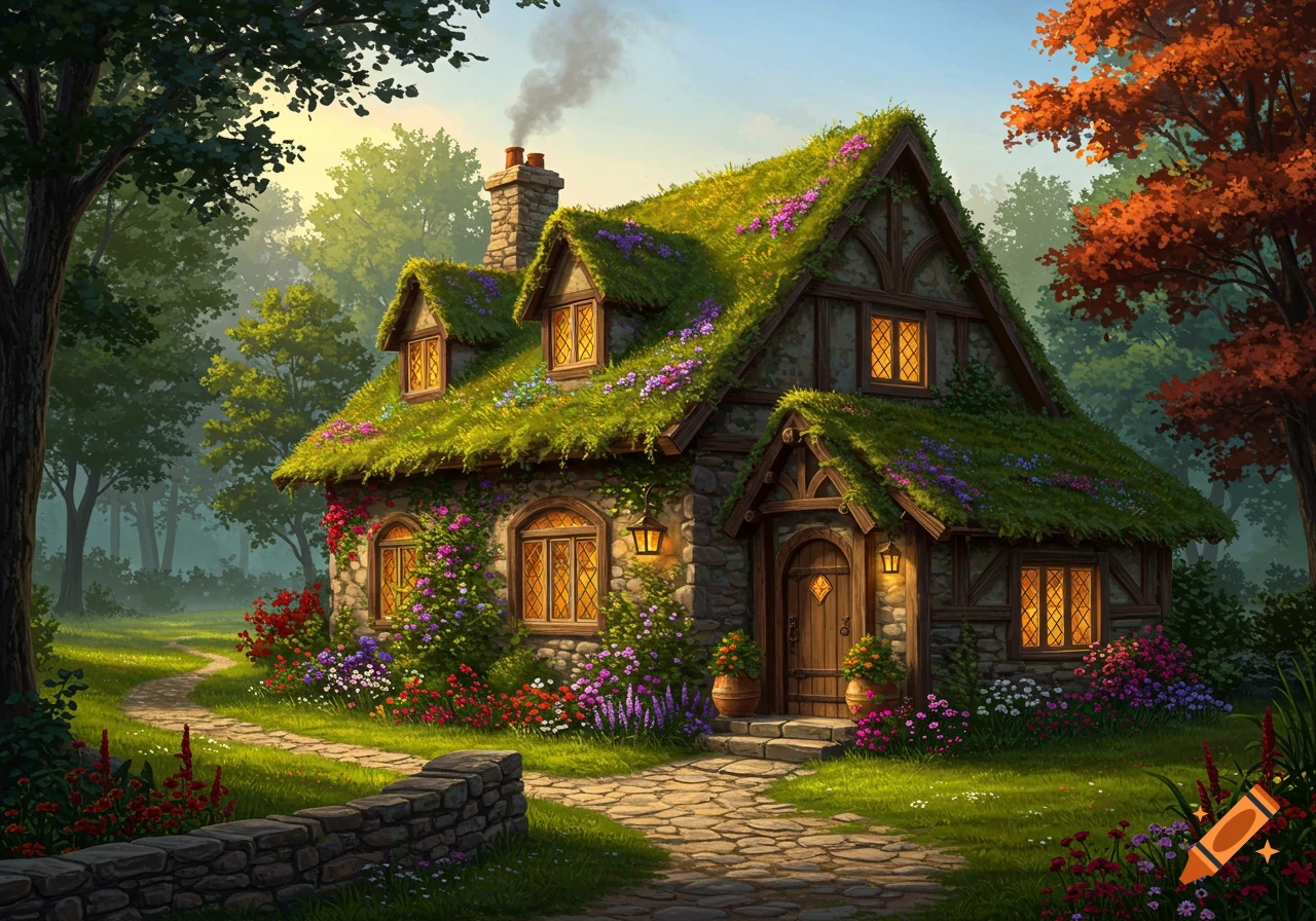 A whimsical, moss-covered cottage with glowing windows sits amidst a vibrant, flower-filled forest, a stone path leading to its door.