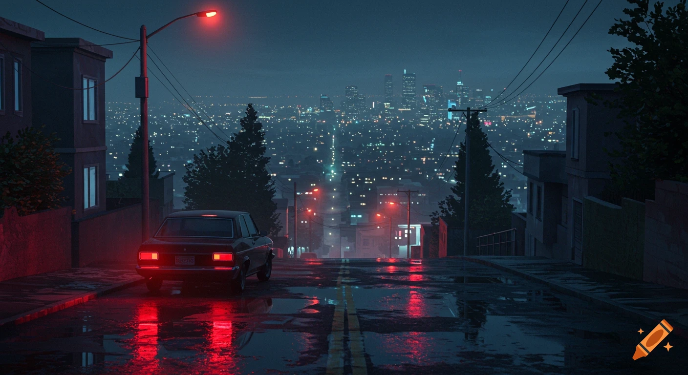 A lone vintage car with red taillights on a wet, dark city street at night, overlooking a glowing city skyline. Moody, cinematic, lo-fi style.