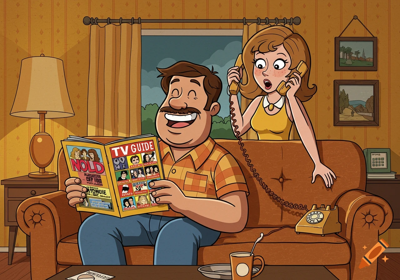 A happy cartoon man reads a TV Guide on a couch while his surprised wife talks on a rotary phone behind him in a retro living room.