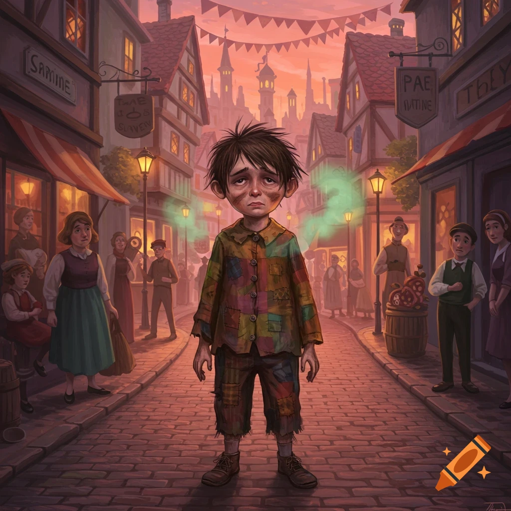 A sad, tattered orphan boy with green fumes around him stands in a dim, old-fashioned town street scene, illustrated.