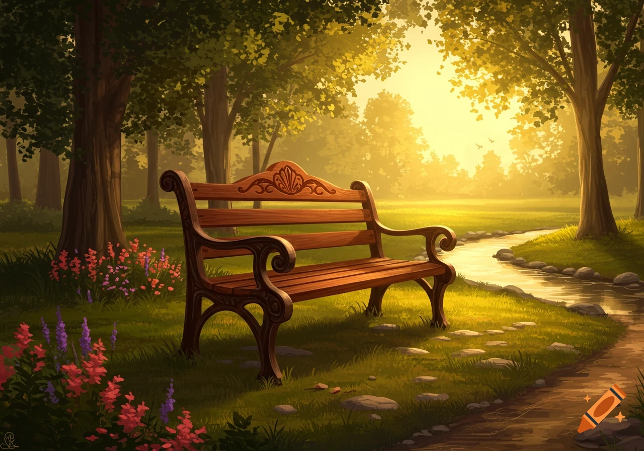 A decorative wooden park bench sits in a sunlit meadow beside a winding stream, surrounded by trees, grass, and colorful flowers.