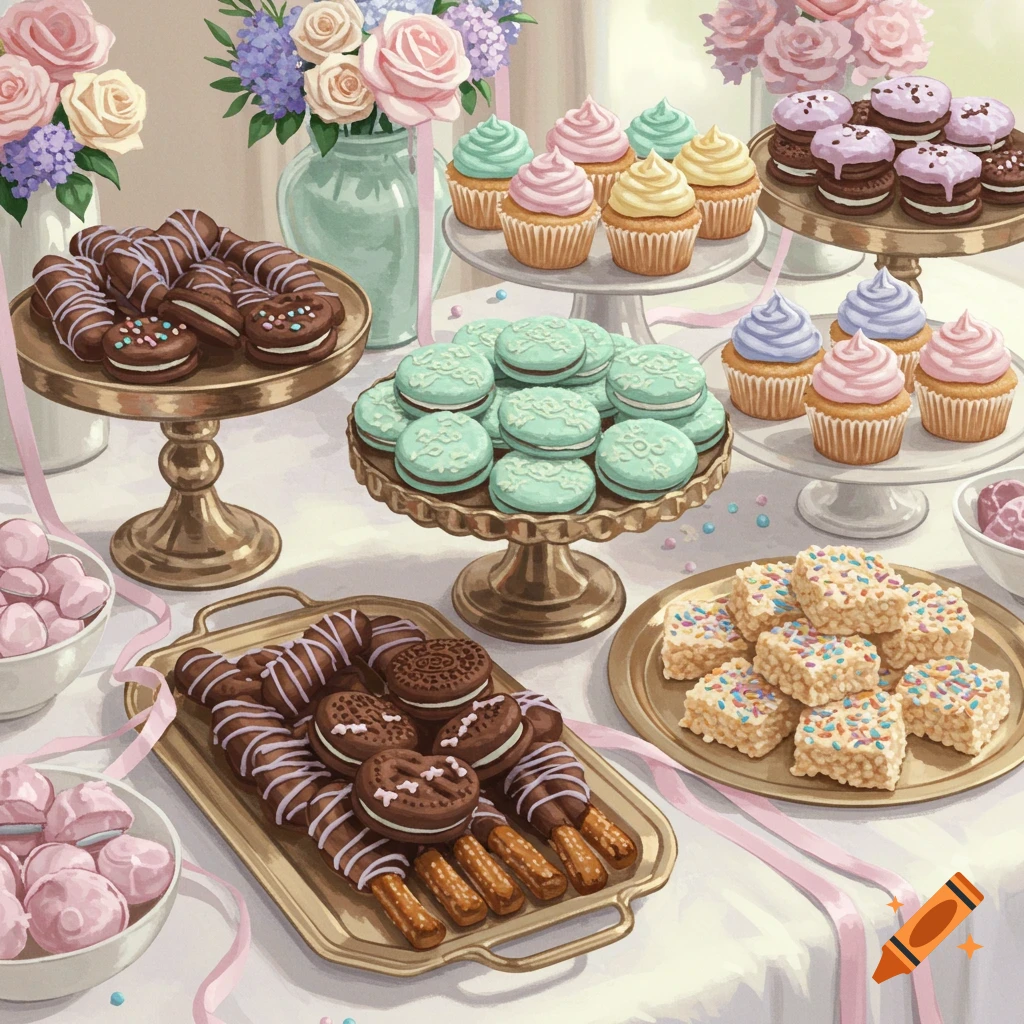 An aesthetic illustrated dessert table with pastel cupcakes, chocolate-covered treats, macarons, and Rice Krispie squares, decorated for a party.