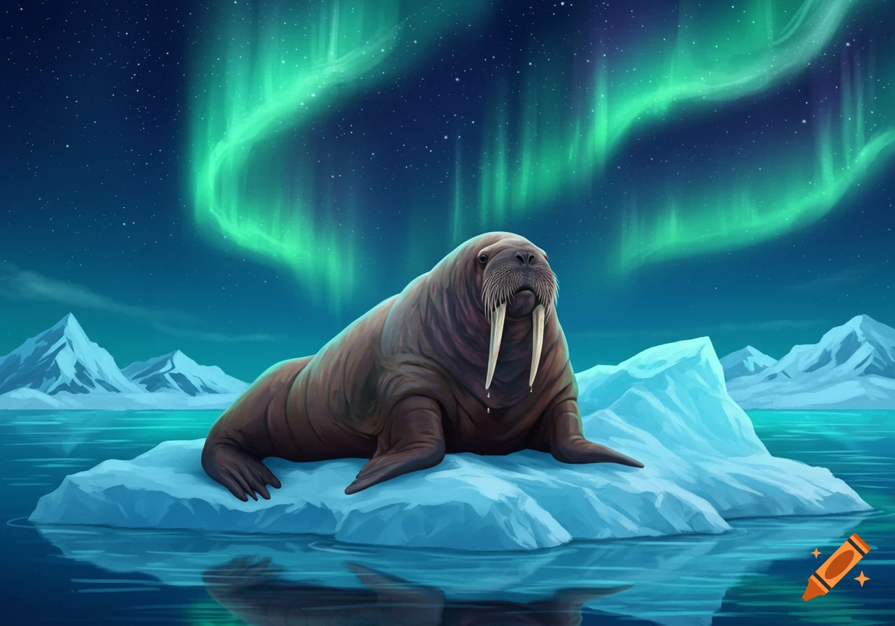 A walrus rests on an ice floe in the arctic under a sky lit by vibrant green aurora borealis and distant mountains.