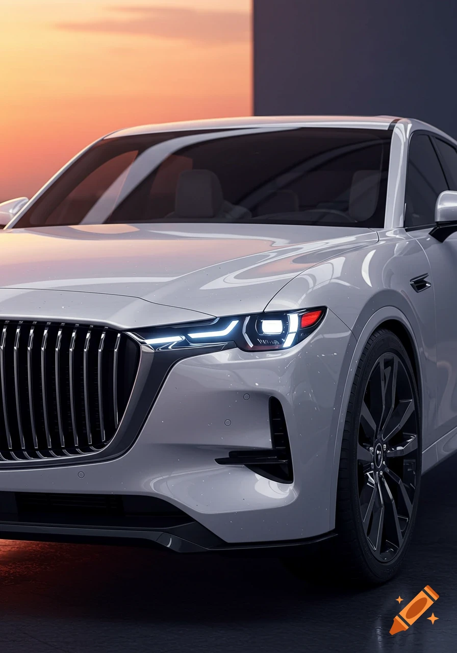 A sleek white luxury SUV with a large vertical grille, modern headlights, and black wheels, against a sunset sky.