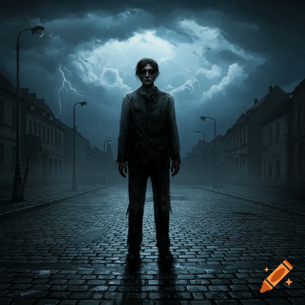 A gaunt, zombie-like man stands still on a wet, cobblestone street in a dark, rainy city under a stormy, lightning-filled sky.