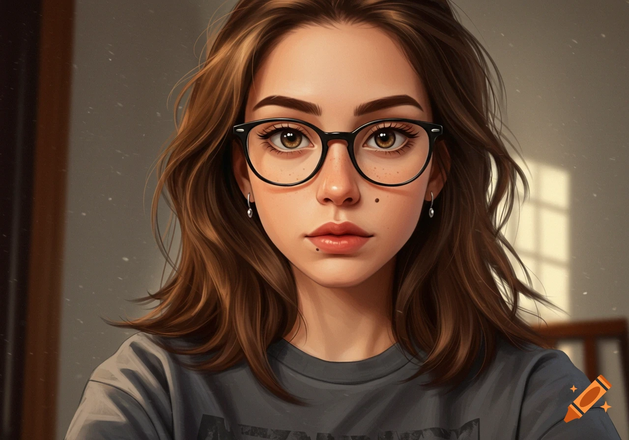 A stylized portrait of a young woman with brown hair, glasses, brown eyes, and a mole on her cheek, wearing a dark gray t-shirt.