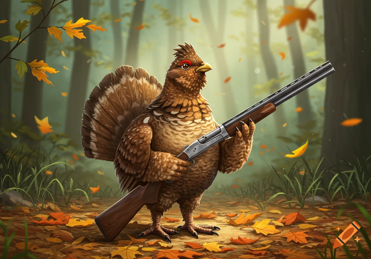 A cartoon ruffed grouse stands in an autumn forest, holding a shotgun.