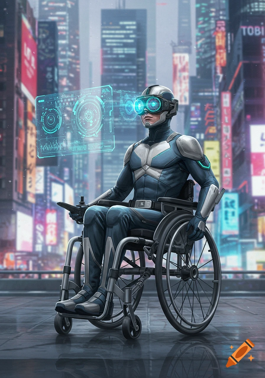 A futuristic person in a blue and white suit, VR headset, and a high-tech wheelchair views holographic interfaces in a cyberpunk city.