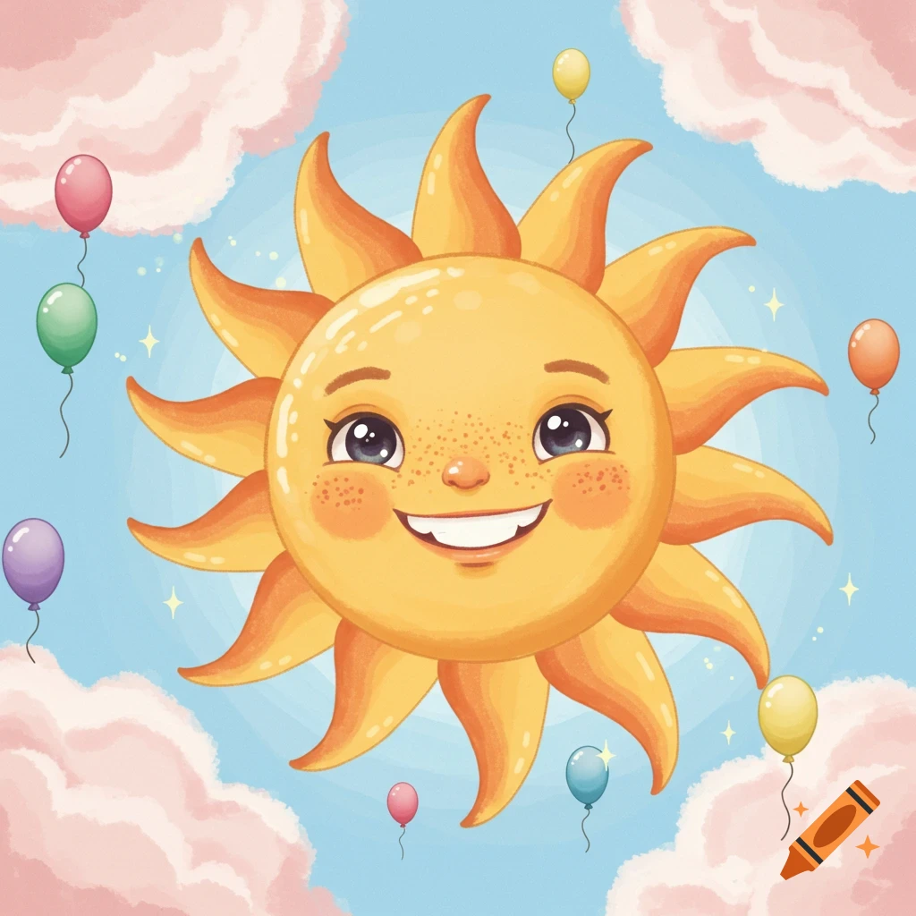 A cheerful, cartoon sun with a smiling face in a blue sky, surrounded by pink clouds and colorful balloons.