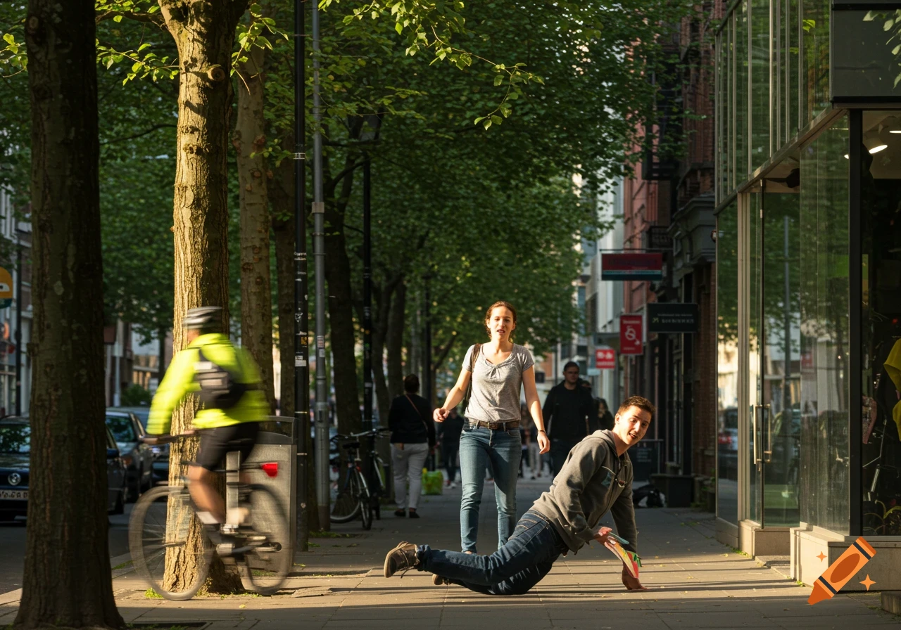 A man leans low on a sunny city sidewalk as a woman walks by and a cyclist passes on a tree-lined street.
