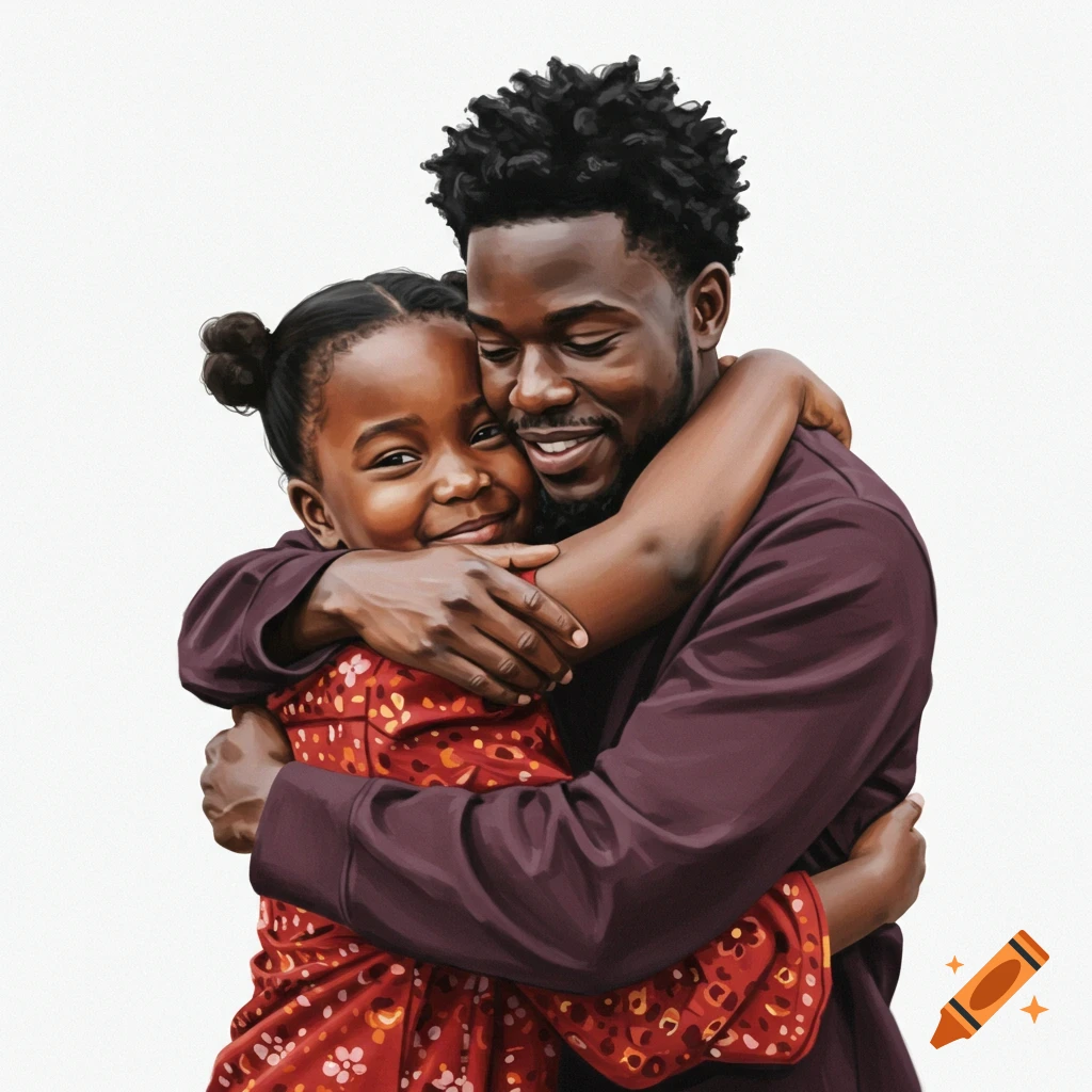 Digital painting of a Black father hugging his young daughter against a white background.