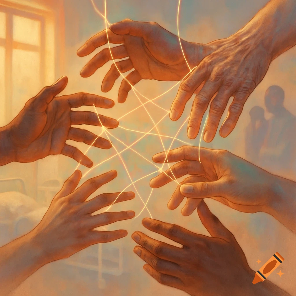 Diverse hands linked by glowing threads in a warm-toned, blurry hospital room, depicting human connection and care.