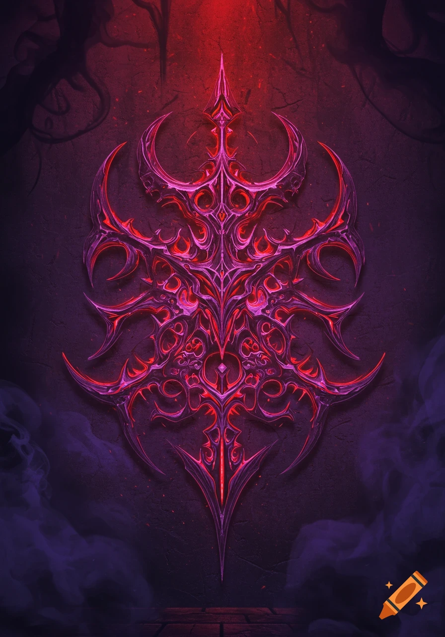 A vibrant red and purple ornate sigil, resembling a demonic emblem, etched onto a dark, textured wall with swirling smoke.