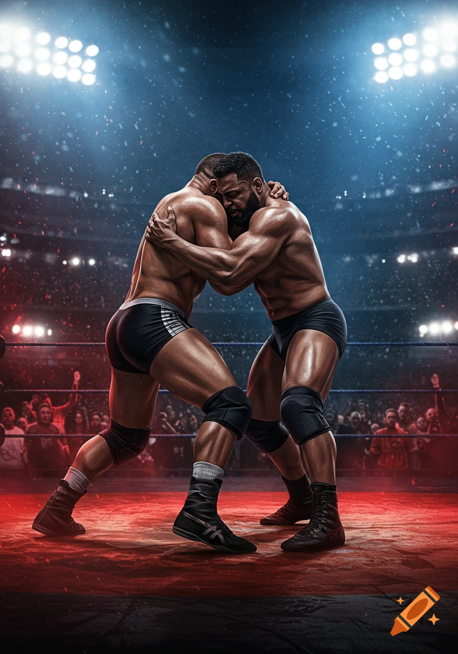 Two muscular male wrestlers grapple in a brightly lit ring before a cheering crowd, photorealistic.