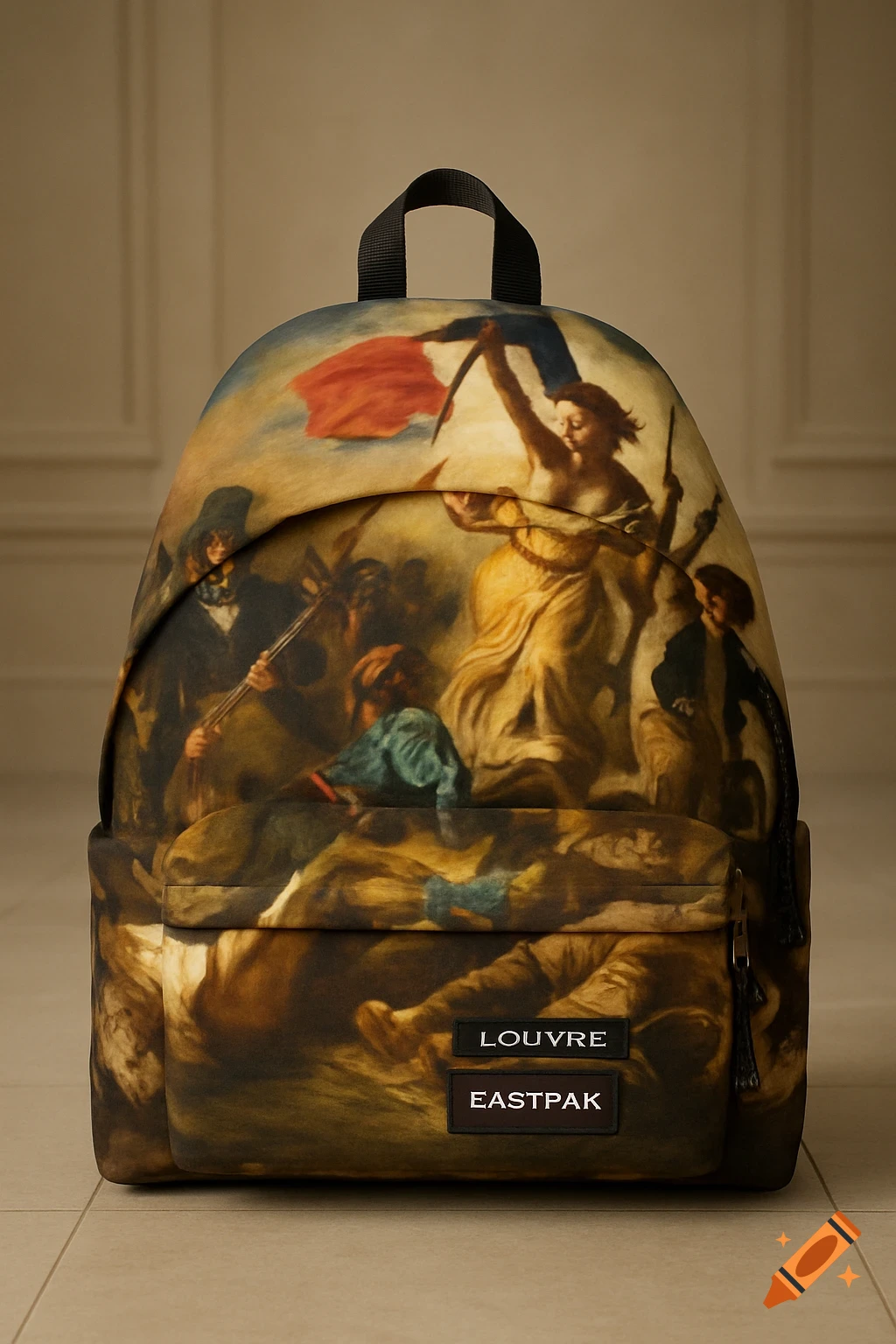 An Eastpak backpack printed with Delacroix's 'Liberty Leading the People' painting, featuring 'LOUVRE' and 'EASTPAK' logos.
