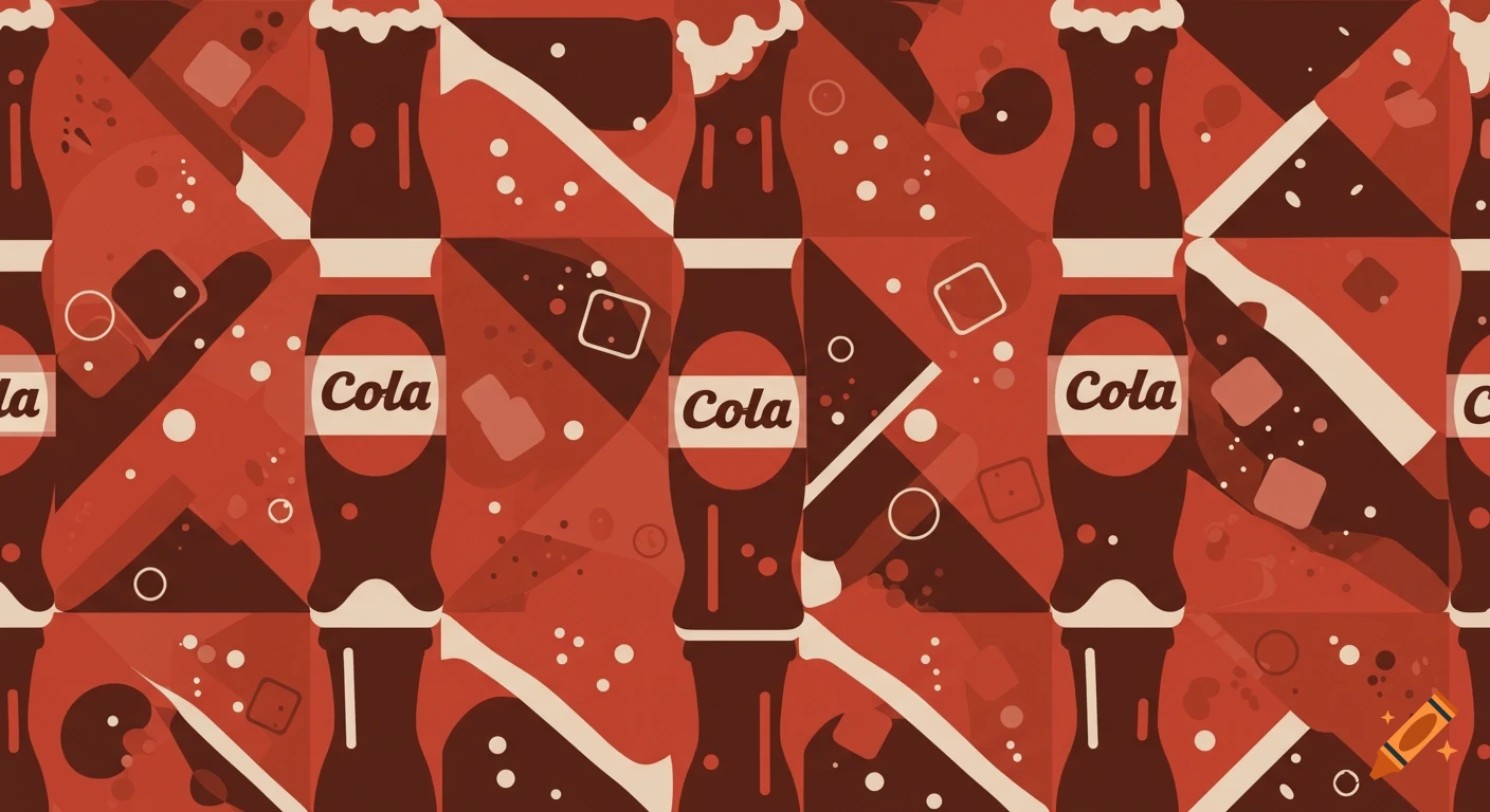A repeating pattern of stylized cola bottles with 'Cola' labels, ice cubes, and bubbles in a flat, dark red and beige line art style.