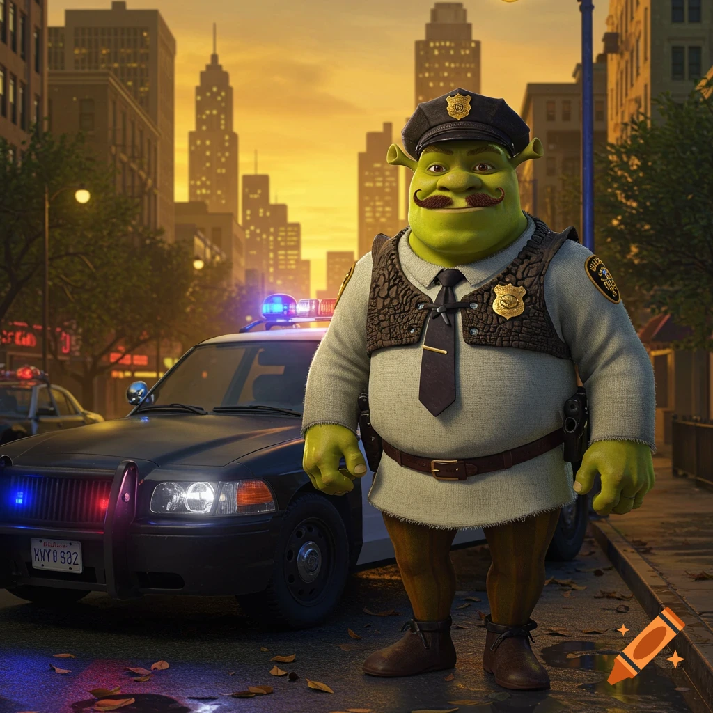Shrek as a police officer with a brilliant cop mustache, standing next to a police car on a city street at sunset.