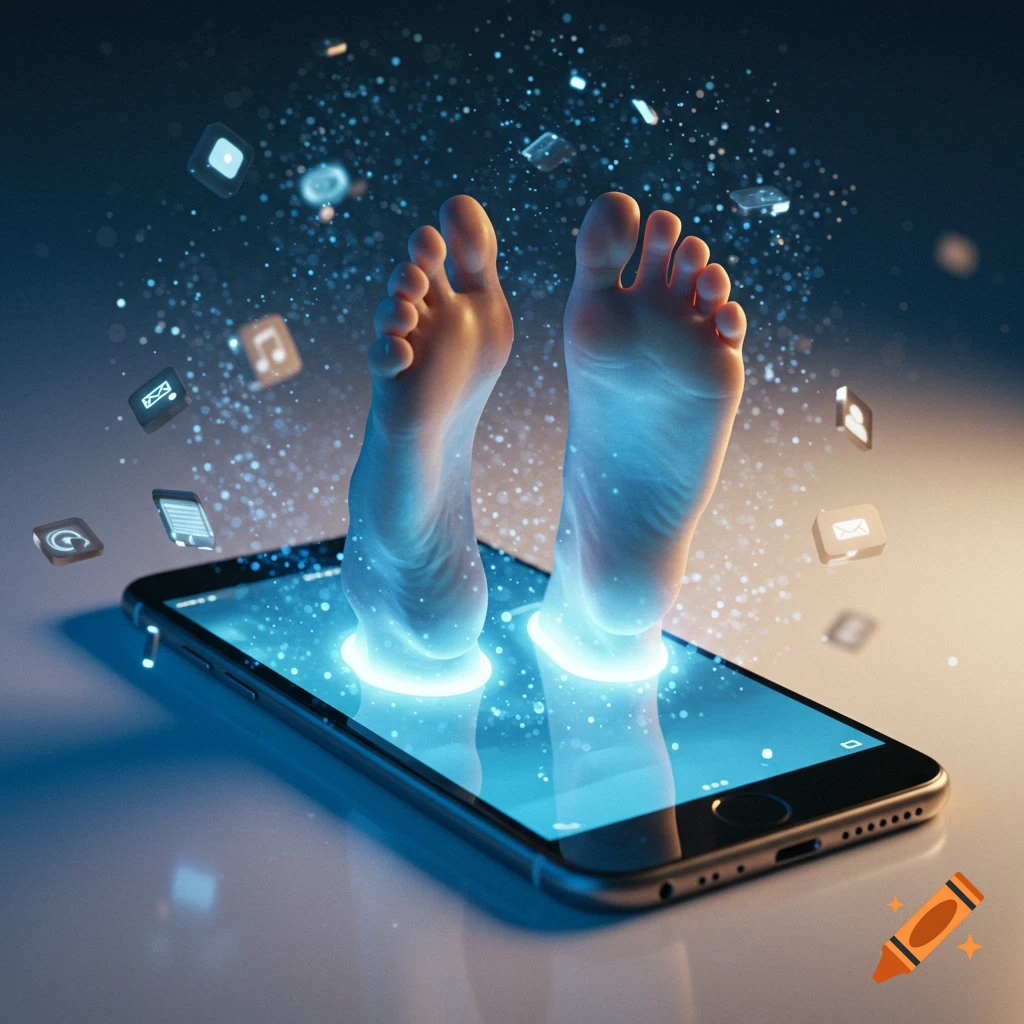 Bare feet emerging from a glowing smartphone screen, surrounded by floating digital app icons and light particles in a surreal, futuristic style.