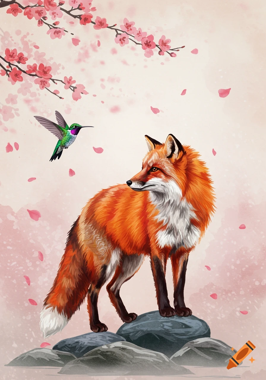 Japanese style drawing of a red fox standing on rocks, looking at a hummingbird flying near cherry blossom branches with falling petals.