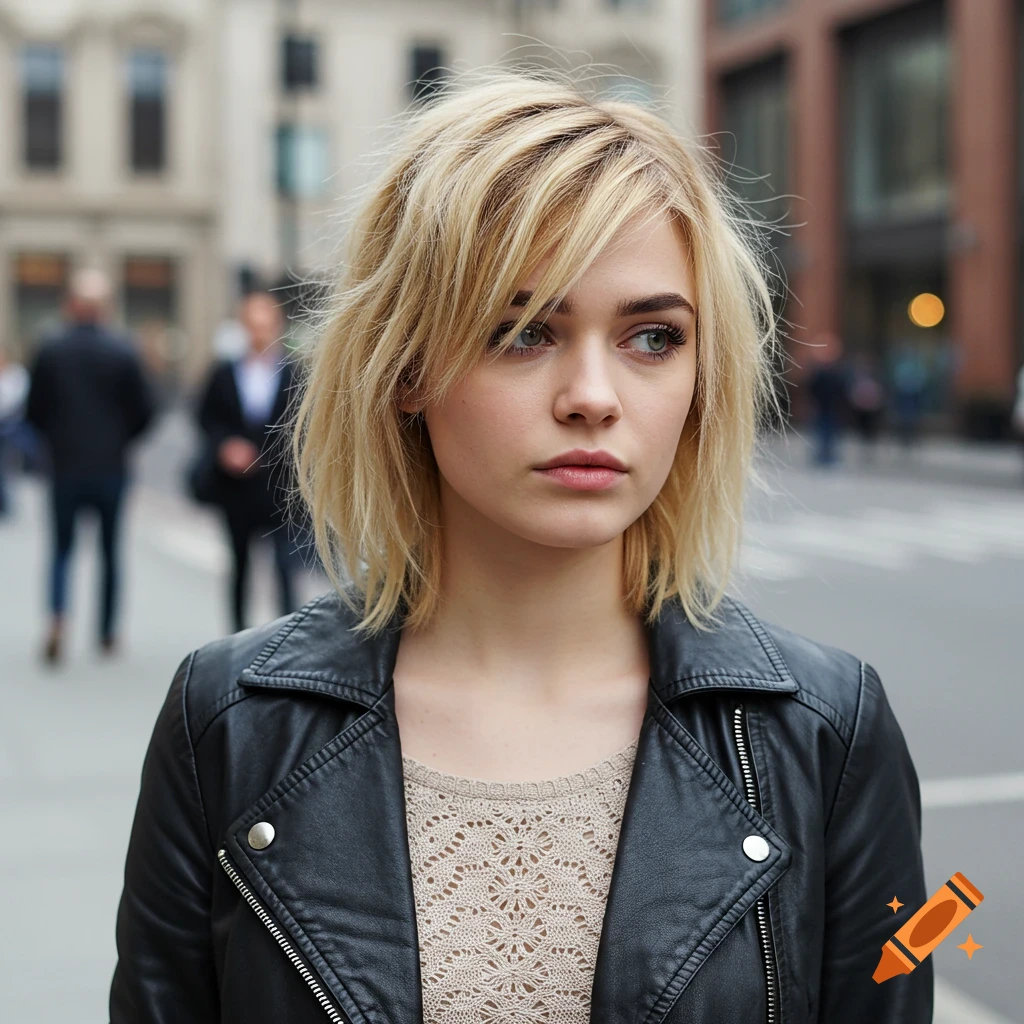 A young blonde woman with an eyebrow-cut hairstyle, wearing a black leather jacket, stands on a city street looking thoughtfully to the side.