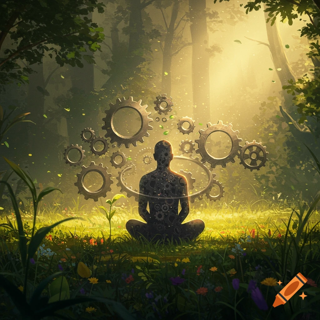 A silhouetted figure meditates in a sun-dappled forest clearing, surrounded by floating gears, symbolizing introspection. Digital art.