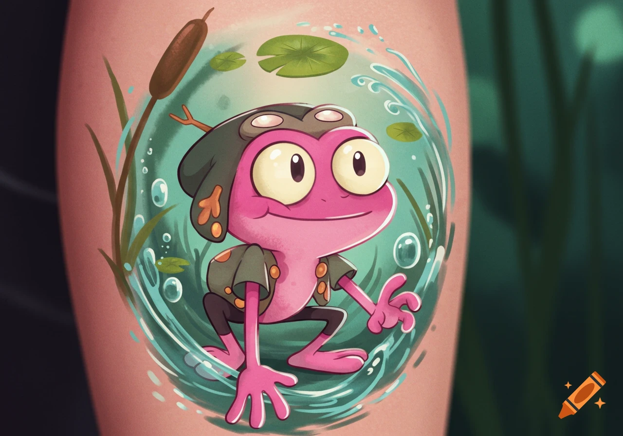 A colorful cartoon tattoo of Sprig from Amphibia, a pink frog wearing a pilot's hat, surrounded by water and lily pads.
