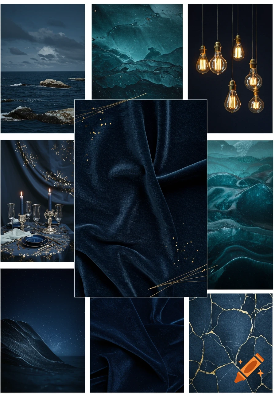 A navy and teal moodboard collage with gold accents, featuring ocean views, velvet fabric, Edison bulbs, a set table, and abstract textures.